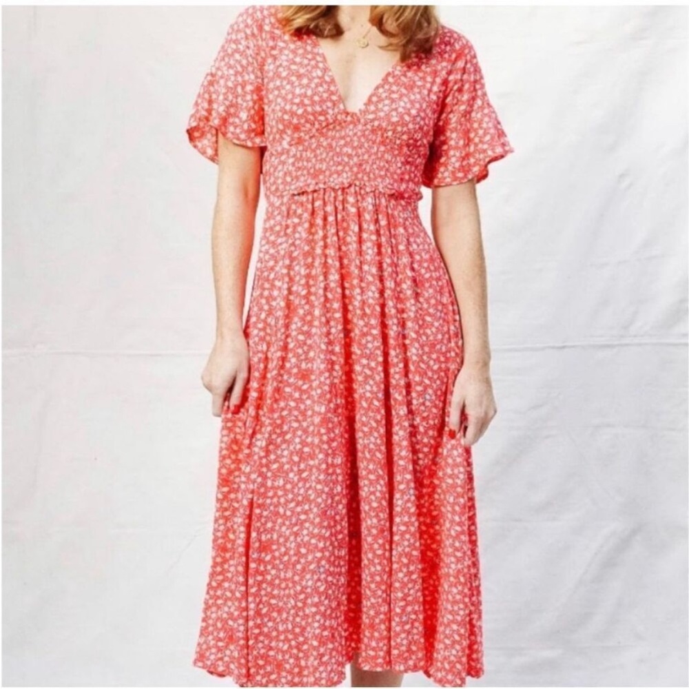 Free People In Full Bloom Red Combo Dress Floral Deep V Neck Flowy Medium **FLAW - Picture 9 of 10